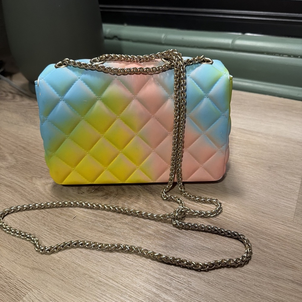 Quilted Rainbow Jelly Silicone Rainbow Purse Silver Chain Hardware - Picture 6 of 11
